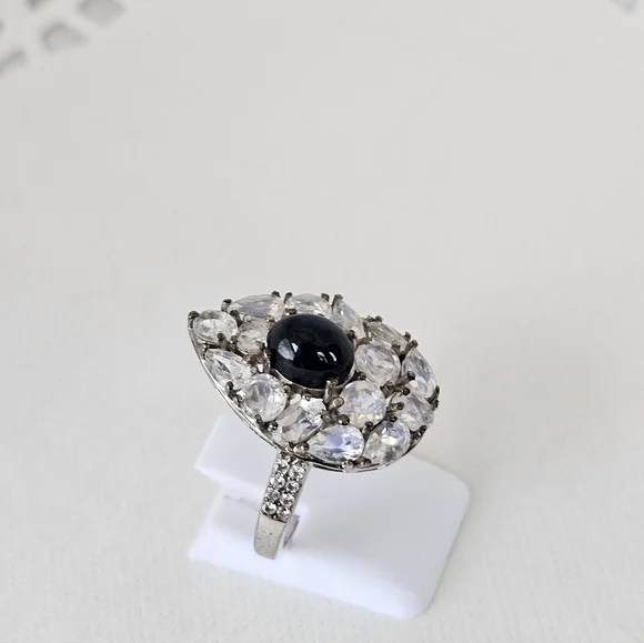 Natural Blue Star Sapphire & Moonstone Ring Platinum Sterling Silver Sz 8! - Picture 6 of 7